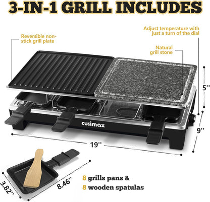Raclette Table Grill, CUSIMAX Electric Indoor Grill, Portable Korean BBQ Grill with 2 in 1 Reversible Non-stick Plate& Natural Grill Stone, 1500W Electric Party Grill, 8 Raclette Pans& Wooden Spatulas