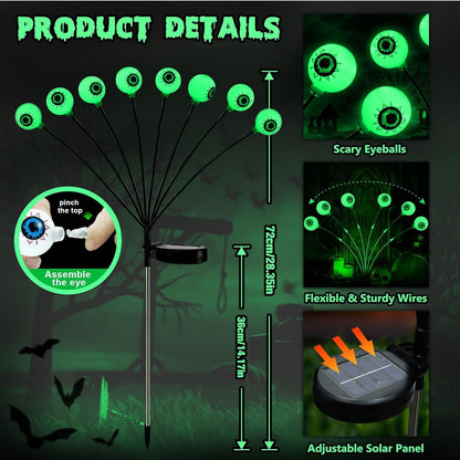 Solar Halloween Lights, 4 Pack 32 LED Green Eyeball Solar Garden Lights, Outdoor Scary Halloween Decorations Ghost Eyes Firefly Lamp for Spooky Party Seasonal Décor Pathway Patio Yard Lawn (Green)