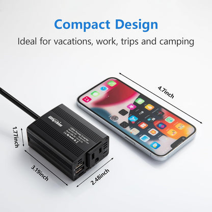 Bapdas 150W Car Power Inverter with 1 DC 12V to 110V AC Outlet Converter and 2 USB Ports Auto Charger Adapter for Laptops and Smartphones-Black