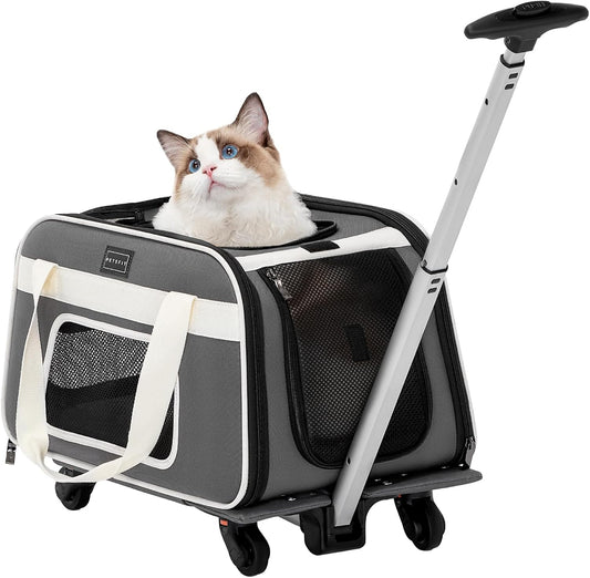 PETSFIT Airline Approved Dog Carrier with Wheels Designed for Small Dogs/Cats with Adjustable Safety Rope & Removable Wheels,Grey