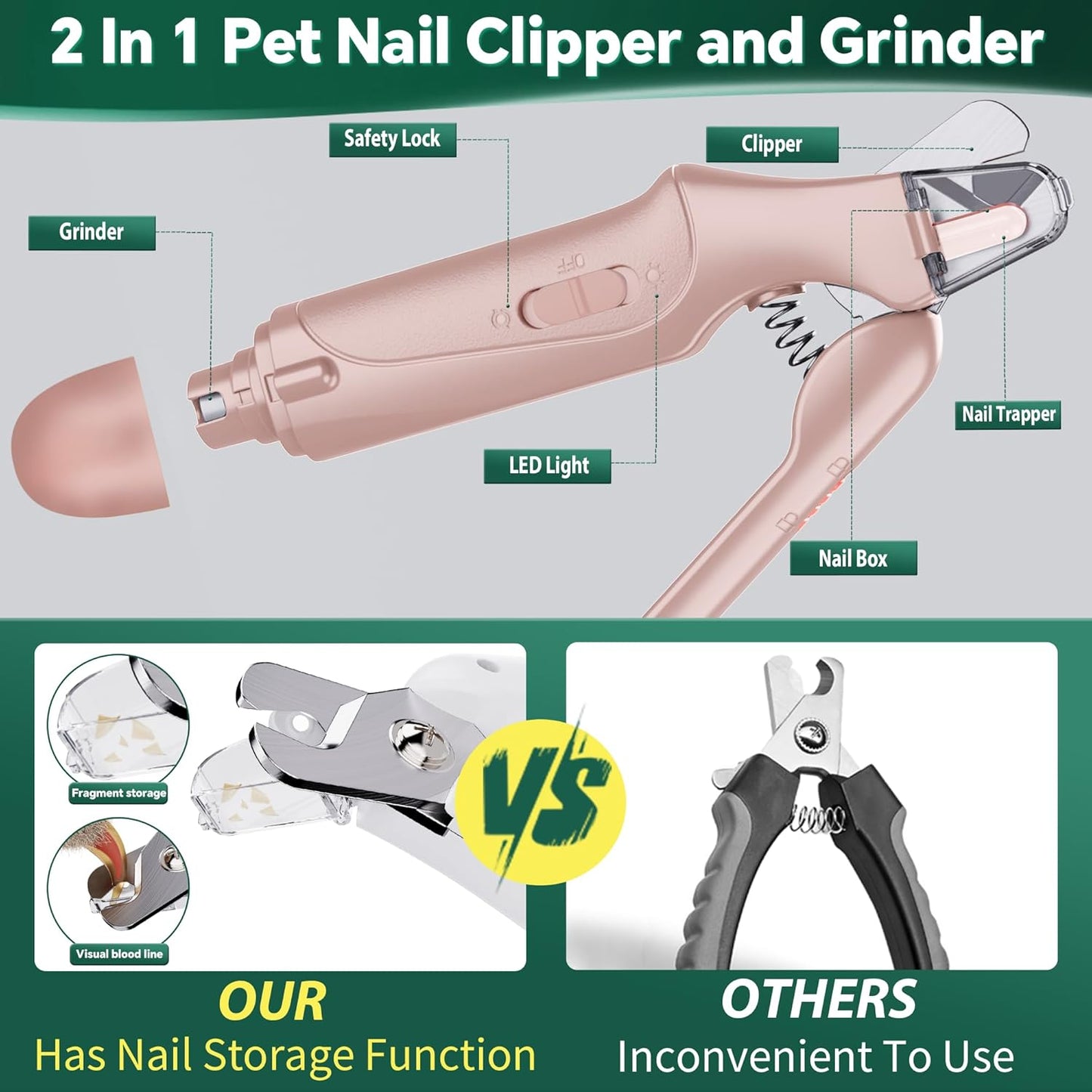 CATPICK 2-in-1 Cat Nail Clippers & Dog Nail Clippers Trimmers for Large Medium Small Dogs Cats Claw Trimmer Quick Sensor and Safety Guard USB Rechargeable with 2 LED Lights Dogs Nail Trimmer
