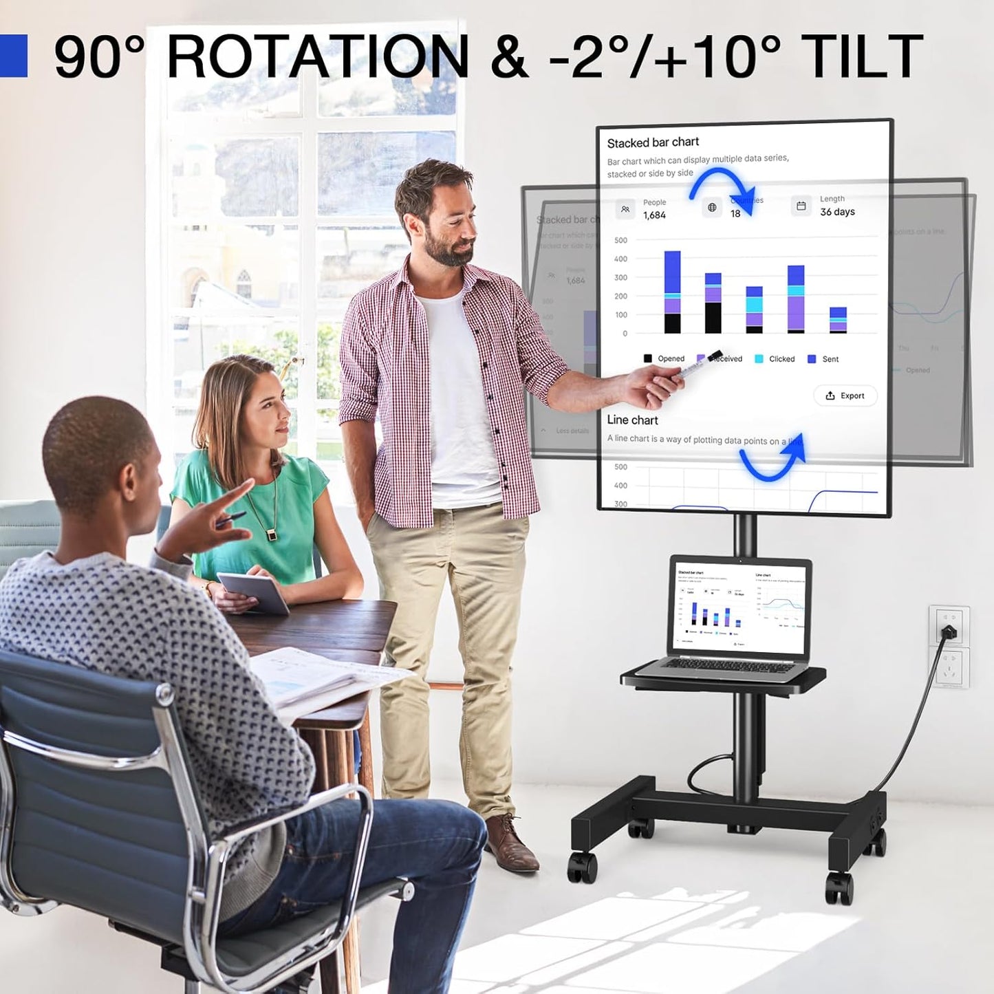 Rfiver Mobile TV Stand with Power Outlet, Rolling TV Stand for 13-50 Inch LCD LED Flat Panel Curved Screen, Tilting and Rotating Mount, Portrait to Landscape, Holds up to 55lbs, Max VESA 200x200mm