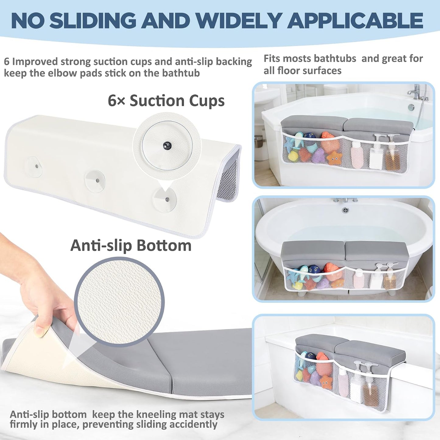 Beiens Baby Bath Kneeler and Elbow Rest Pad Set, 1.5-Inch Thick Memory Foam Quick-dry Non-slip Bathtub Kneeling Pad with 6 Suction Cups and 4 Toy Organizer Pockets for Bathing Babies and Toddlers