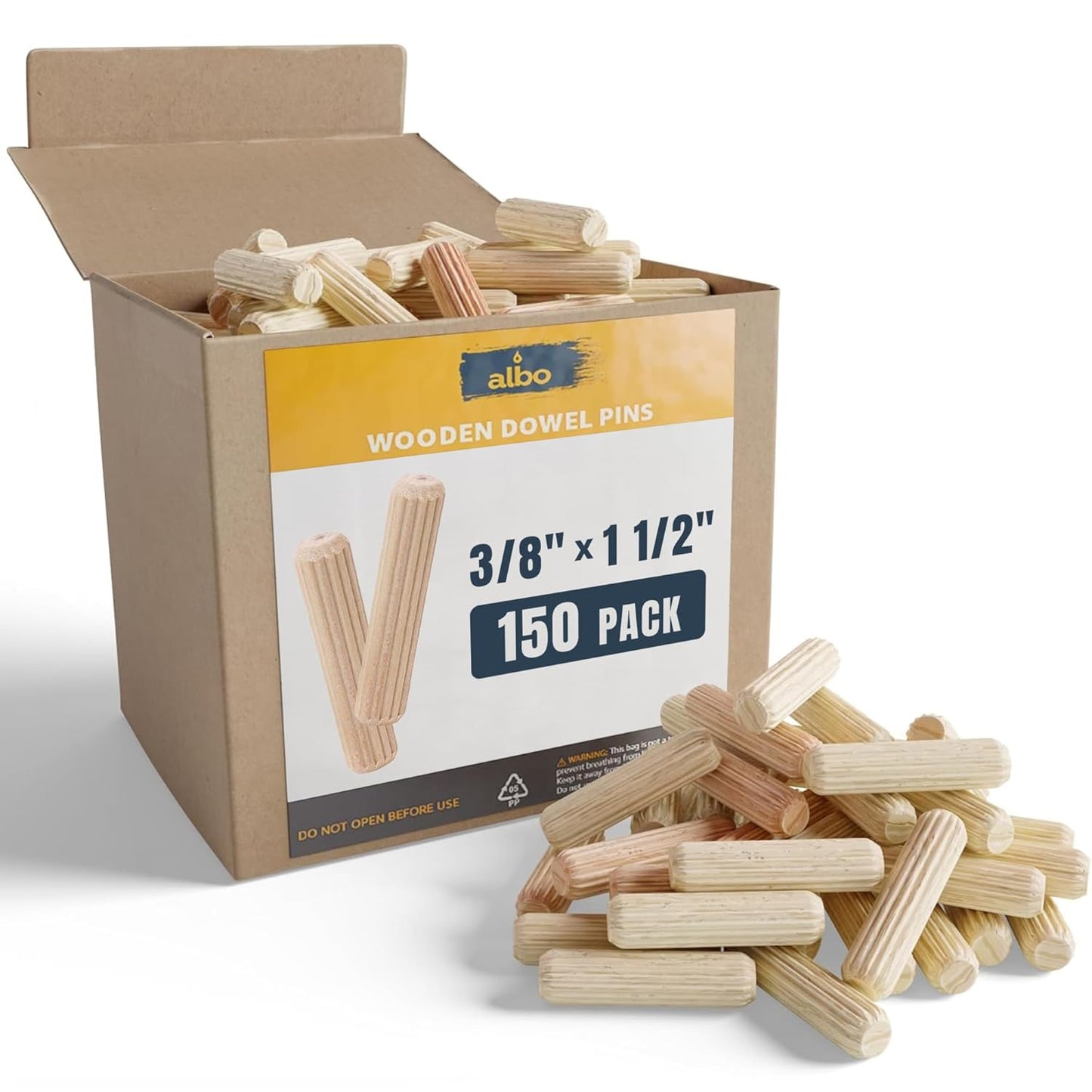ALBO Wooden Dowel Pins 100 Pack Assorted Sizes 1/2 + 3/8 + 5/16 + 1/4 inch Fluted Wood Dowels Rods Hardwood Crafts Dowel Pegs