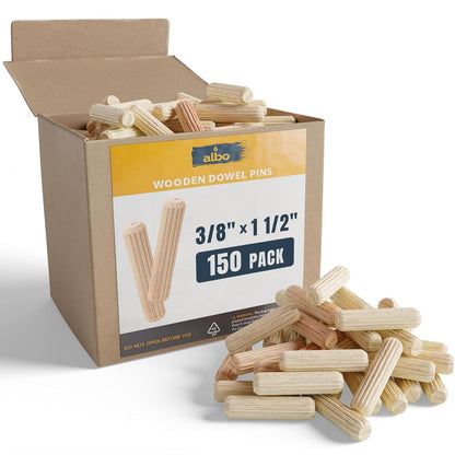 ALBO Wooden Dowel Pins 100 Pack Assorted Sizes 1/2 + 3/8 + 5/16 + 1/4 inch Fluted Wood Dowels Rods Hardwood Crafts Dowel Pegs