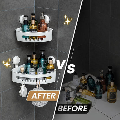 LEVERLOC Shower Caddy Suction Cup, 2 Pack Black Shower Shelf with Hooks and Soap Holder, NO-Drilling Bathroom Organizer, Rustproof Metal Bathroom Storage and Organization