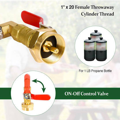 Propane Refill Adapter 20lb to 1lb Camping - 3FT/36inch Stainless Steel Hose with Gauge and ON-Off Control Valve - Fits QCC1 / Type1 Tank, 2 Caps Included
