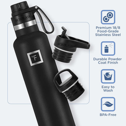 Camping & Hiking Hydration Canteens - 24oz 3 Lids (Narrow Straw/Spout Lid) Leak Proof Vacuum Insulated Stainless Steel - Hot & Cold Double Walled Sports Water Bottle
