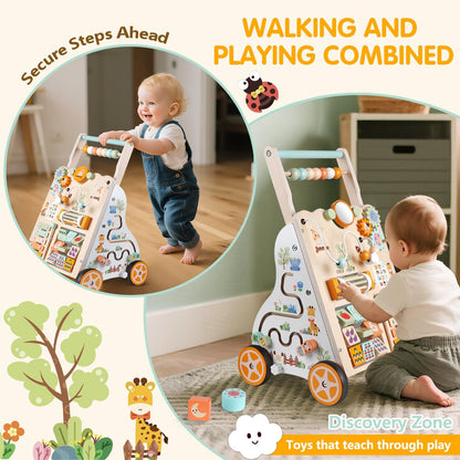 Weilim Wooden Baby Walker, 10-in-1 Montessori Push Walker for Toddlers 1+ Activity Center with Xylophone, Shape Sorter, Gears | Adjustable Speed & Height | Natural Wood Learning Walking Toy
