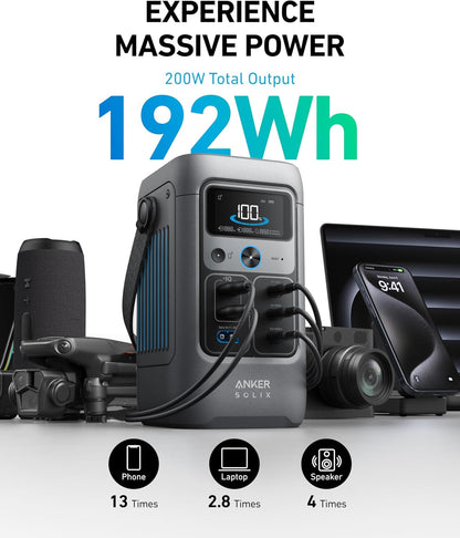 Anker SOLIX Power Bank Station C200 DC with Adjustable Strap, 192Wh LiFePO4 Portable Power Station, 200W Solar Generator, for Outdoor Camping, Traveling, and Emergencies (No Wall Charger Included)