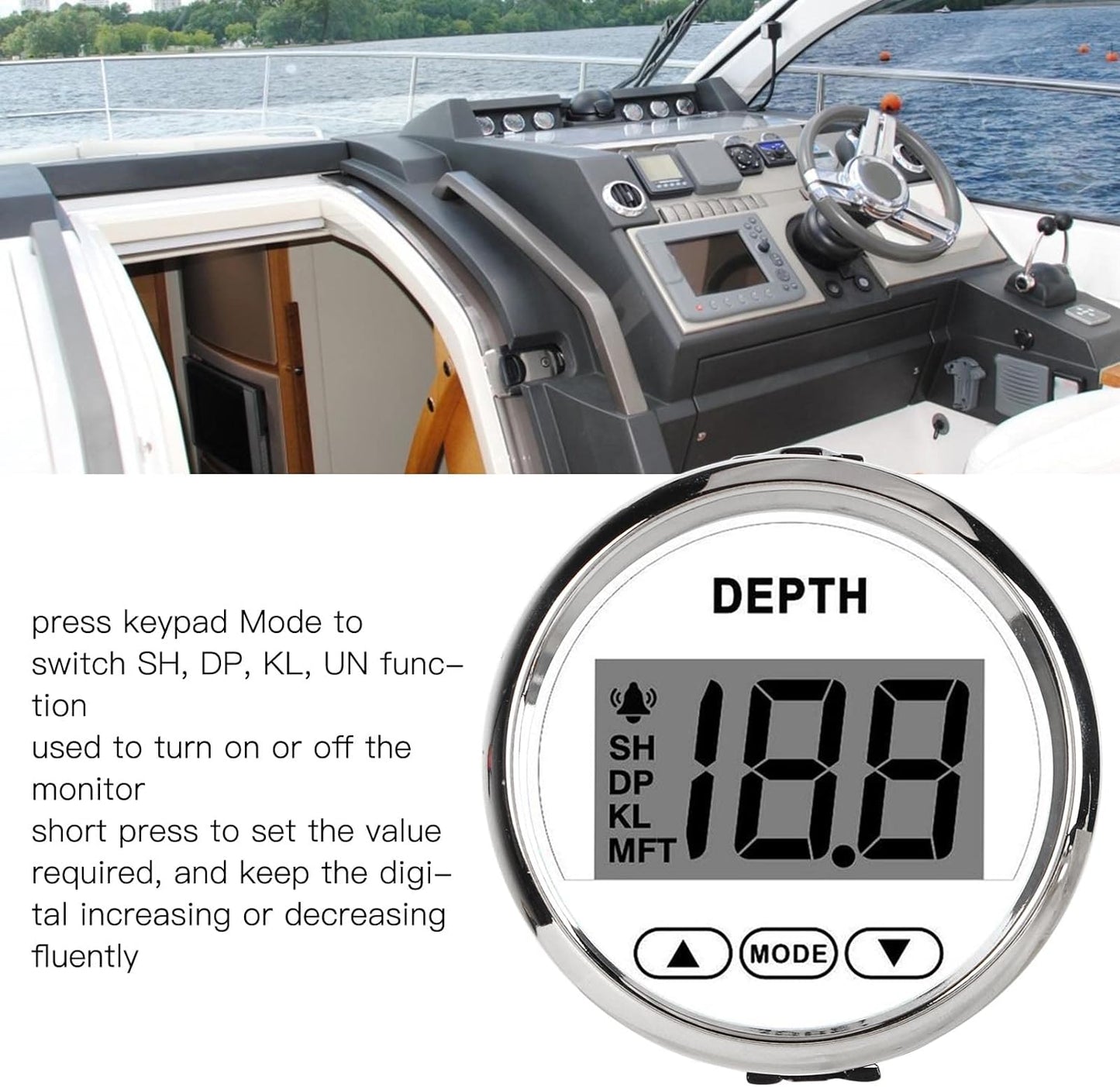 Depth Transducer, fish finders Depth Sounder Waterproof Dash Depth Finder Transducer with White Backlight for Yachts Boats