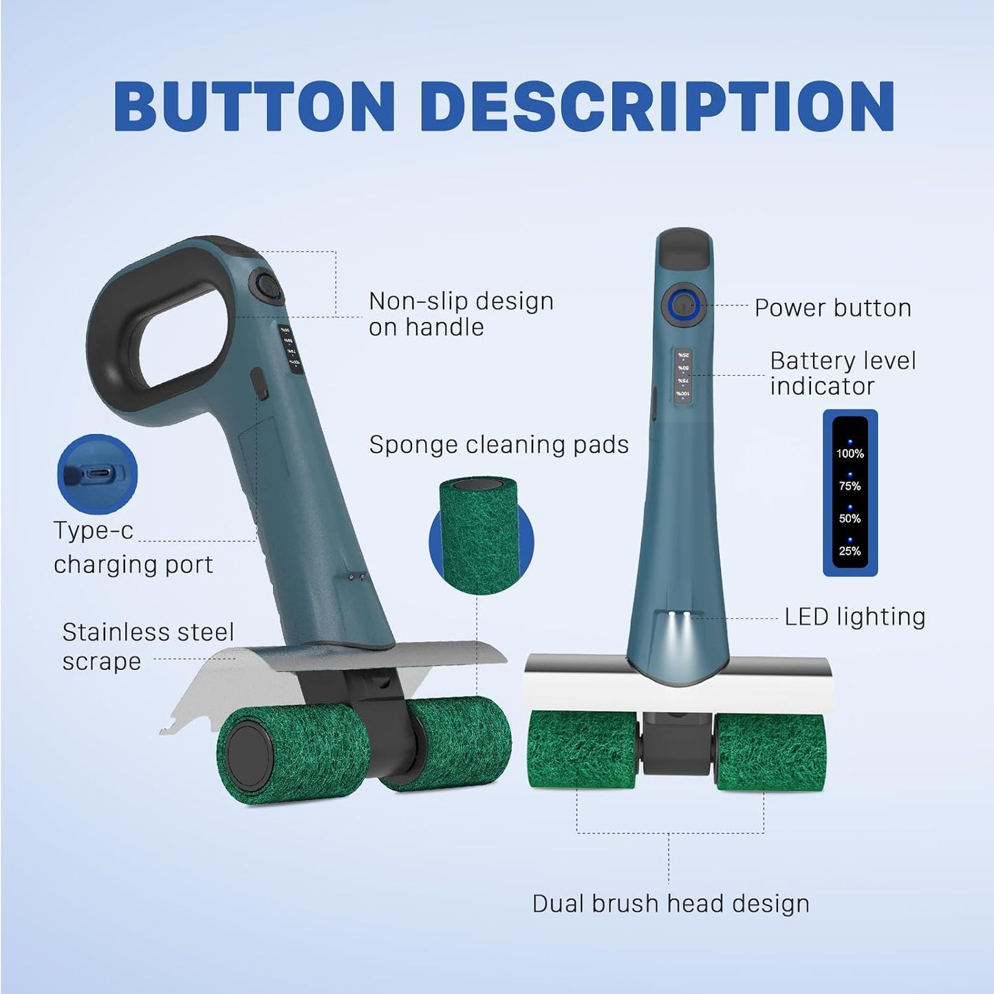 Hillyfe Electric Grill Brush,Grill Brush Bristle Free Dual Rotating Brush Heads Save Time,with 450 RPM&LED Light Includes 4 Scouring Pads,Suitable for Square,Round and Mesh Barbecue Grills,Blue