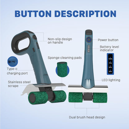 Hillyfe Electric Grill Brush,Grill Brush Bristle Free Dual Rotating Brush Heads Save Time,with 450 RPM&LED Light Includes 4 Scouring Pads,Suitable for Square,Round and Mesh Barbecue Grills,Blue