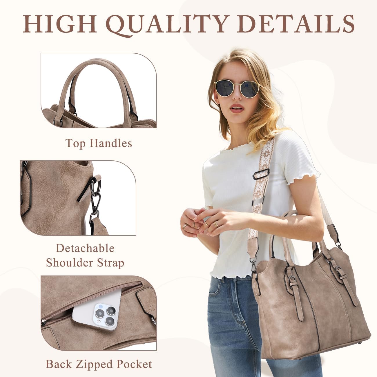 Hobo Bags for Women,VASCHY Vegan Leather Handbag Purse Top Handle Satchel Boho Shoulder Bag with Crossbody Guitar Strap