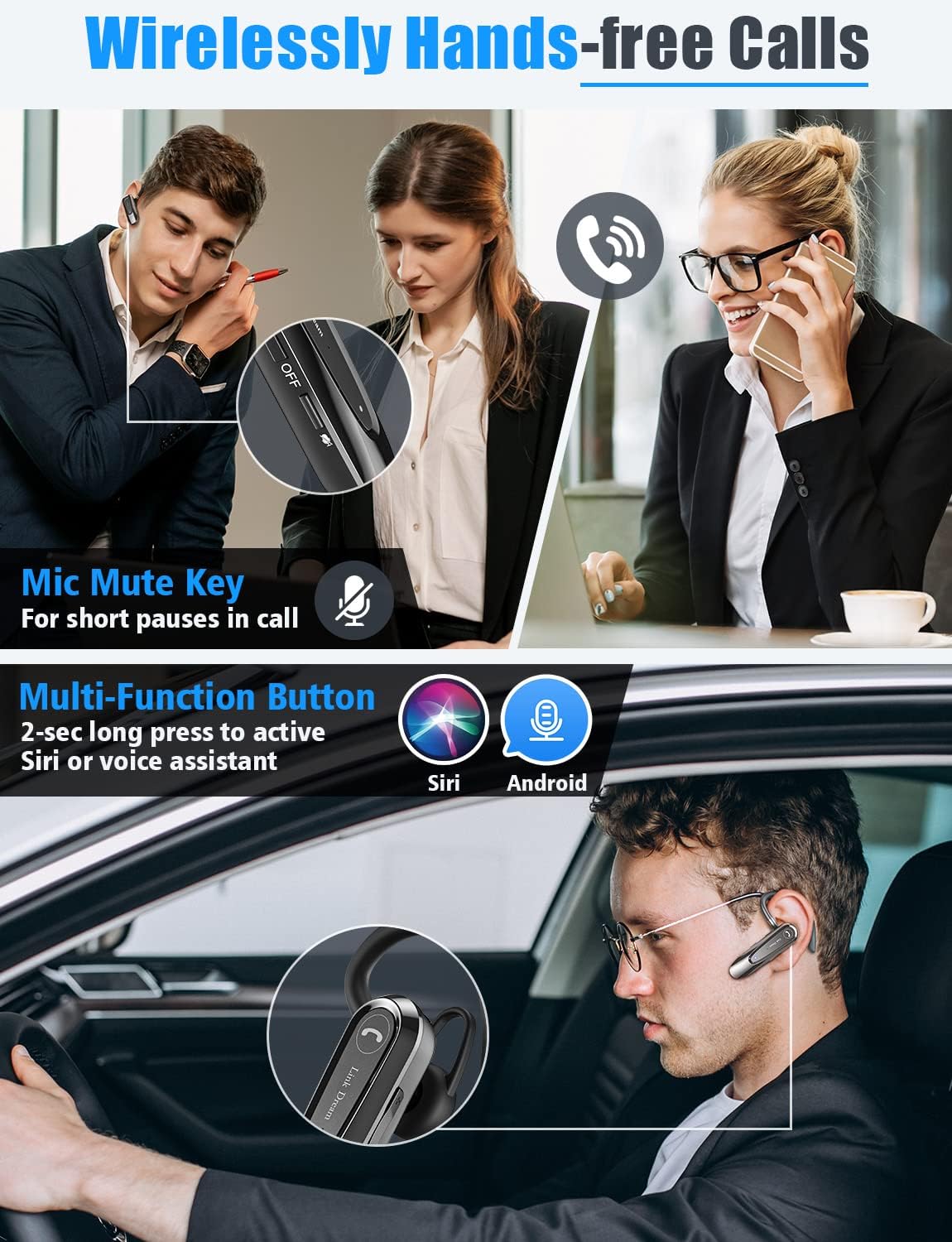 Bluetooth Earpiece Link Dream Wireless CVC8.0 Headset for Cell Phone Dual Mic Noise Canceling Handsfree Phone Earpiece w/Mute 20Hrs Talk Time 180 Days Standby for iPhone Android Home Office Driving