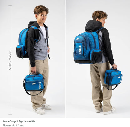 Roots Original 3-in-1 Matching Water Resistant Backpack and Lunch Bag Set with Bonus Pencil Case - Made From 100% Recycled Fabrics - 33 litres, Blue, Large