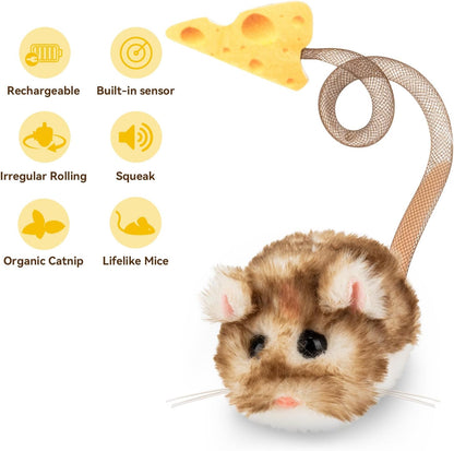 Migipaws Interactive MigiMouse Cat Toy 360° Rolling & Spin with Wiggling Tail for Indoor Cats Smart Motion Sensor, Realistic Squeak, Rechargeable Plush Kitten Toy (Brown Long Plush)