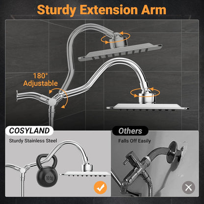 COSYLAND Rain Shower Head with Handheld - 304 Stainless Steel High Pressure 8 inch Square Rainfall Showerhead Combo with 5 Spray Mode 11 inch Extension Adjustable Arm & 60 inch Hose - Chrome
