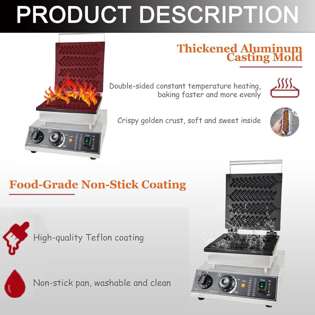 Waffle Stick Maker | 4 Waffle Iron-235 * 55mm | 1750w Waffle Making Machine | Commercial Electric Heating Wheat Ear Machine,Timing/Cool Touch Handle,Small Kitchen Appliances,Black
