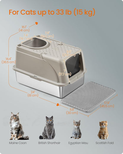 Feandrea Stainless Steel Cat Litter Box with Flip Lid, XL Enclosed Litter Box for Cats up to 15 kg, with Leak-Proof Design, Scoop, Brush, Dual Entry, Cappuccino Beige UPPT005K01