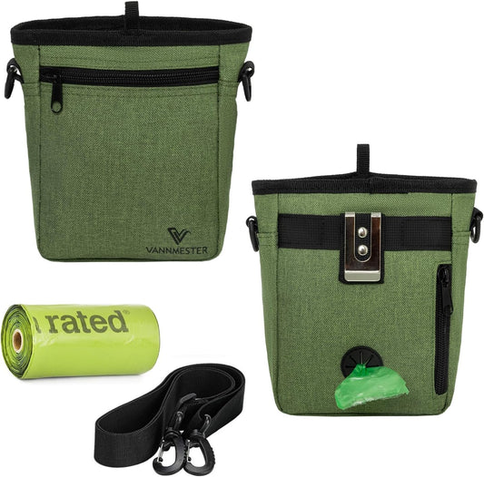 VANNMESTER Dog Treat Pouch with Stronger Magnetic Closure Dog Treat Pouch 4 Cup Front Pocket fits All Phones Built-in Poop Bag Dispenser (Green)