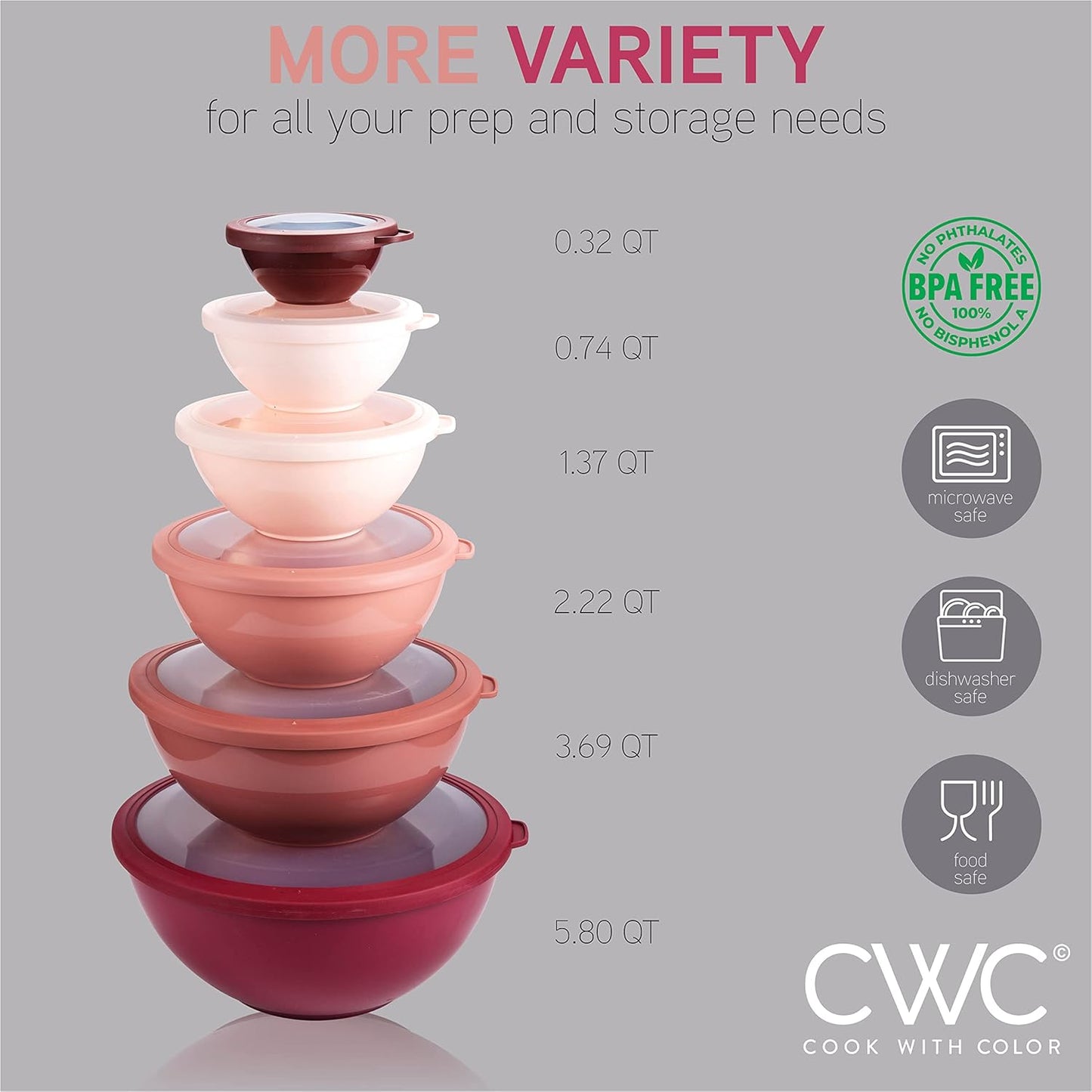 COOK WITH COLOR Mixing Bowls with TPR Lids - 12 Piece Plastic Nesting Bowls Set Includes 6 Prep Bowls and 6 Lids, Microwave Safe Mixing Bowl Set (Green)