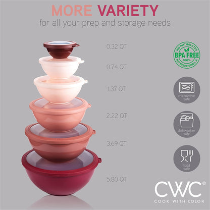 COOK WITH COLOR Mixing Bowls with TPR Lids - 12 Piece Plastic Nesting Bowls Set Includes 6 Prep Bowls and 6 Lids, Microwave Safe Mixing Bowl Set (Green)