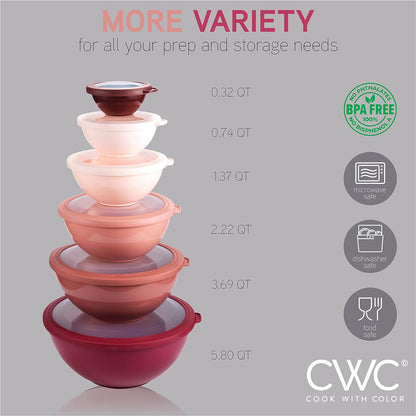 COOK WITH COLOR Mixing Bowls with TPR Lids - 12 Piece Plastic Nesting Bowls Set Includes 6 Prep Bowls and 6 Lids, Microwave Safe Mixing Bowl Set (Mint)