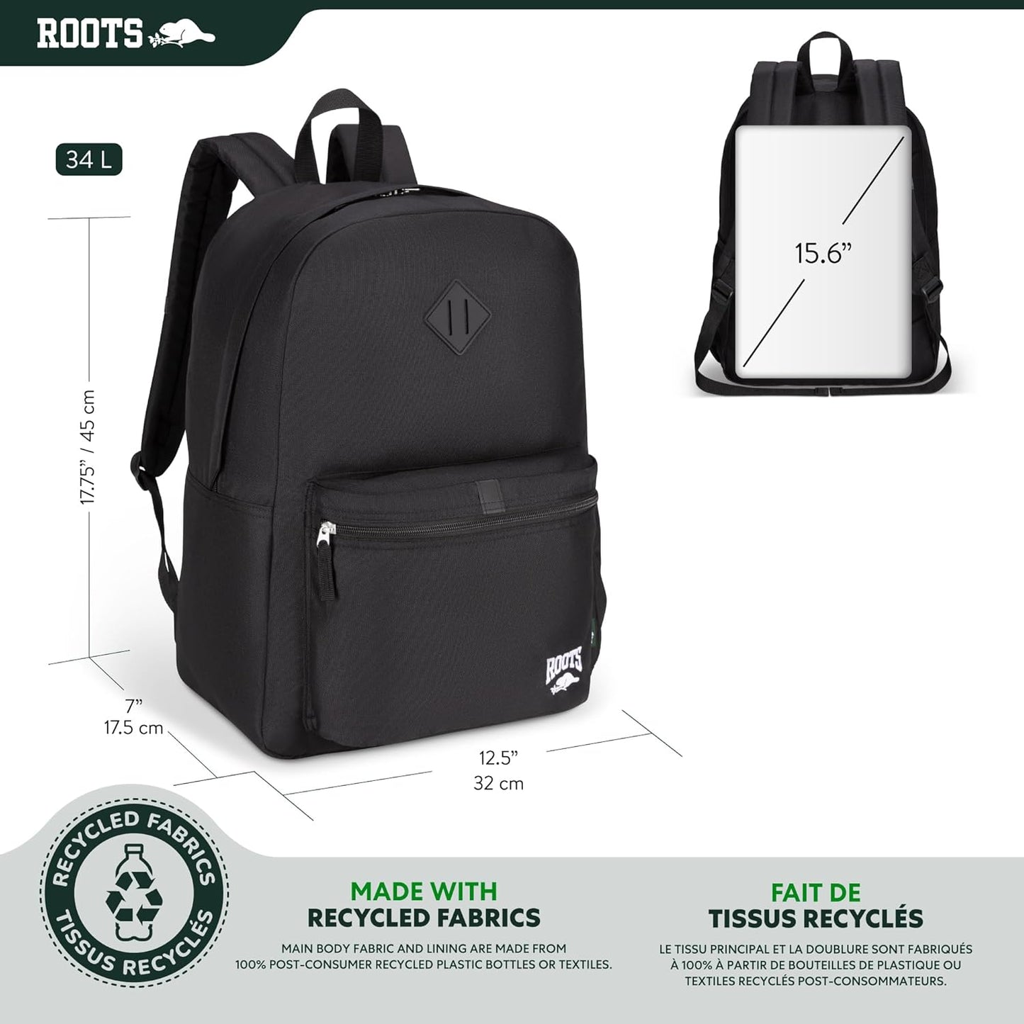 Roots Teen Lightweight Backpack — Made from Recycled Polyester with 15.6" Laptop Compartment, Rain Flap, Bottle Pocket, Reflective Accent, and Back Padding — 34L, Black