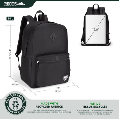 Roots Teen Lightweight Backpack — Made from Recycled Polyester with 15.6" Laptop Compartment, Rain Flap, Bottle Pocket, Reflective Accent, and Back Padding — 34L, Black