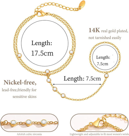 Hand Chain Ring Bracelet For Women, 14k Gold Plated Dainty Cubic Zirconia Minimalist Finger Ring Bracelet, Trendy Stuff Jewelry Gifts To Wife Girfriend Daughter Sister BBF, 17.5cm/7.5cm