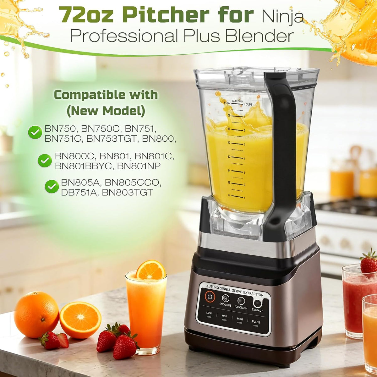72oz Blender Pitcher Compatible with Ninja BN751 BN801 Blender 72oz XL Crushing Pitcher Replacement Parts for Ninja BN750 BN800 BN805 DB751A (New Model)