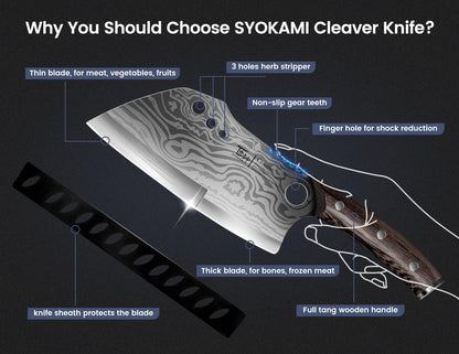 SYOKAMI Meat Cleaver Chef Knife, 7.7 Inch Multifunction Butcher Knife with Herb Stripper and Sheath, Chinese Cleaver Heavy Duty Bone Chopper, Meat Cutting, Damascus Pattern Full Tang Wood Handle