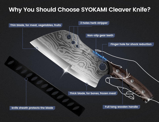 SYOKAMI Meat Cleaver Chef Knife, 7.7 Inch Multifunction Butcher Knife with Herb Stripper and Sheath, Chinese Cleaver Heavy Duty Bone Chopper, Meat Cutting, Damascus Pattern Full Tang Wood Handle - PuriLite