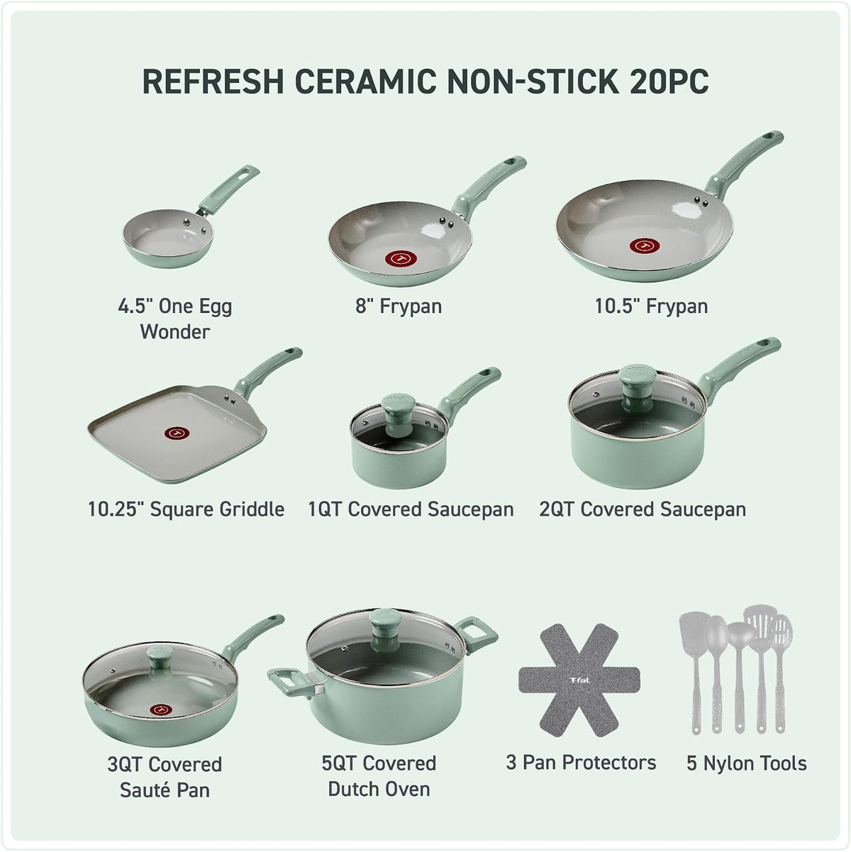 T-fal Refresh Ceramic Nonstick Cookware Set, 20-Piece, Pots and Pans Set