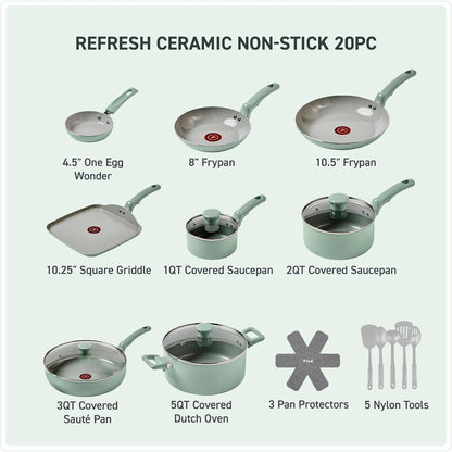T-fal Refresh Ceramic Nonstick Cookware Set, 20-Piece, Pots and Pans Set