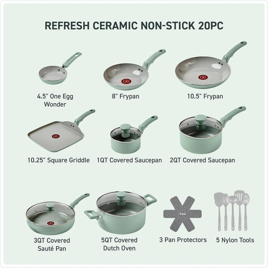 T-fal Refresh Ceramic Nonstick Cookware Set, 20-Piece, Pots and Pans Set