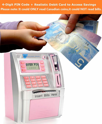 Canadian Dollar ATM Piggy Bank for Kids with Debit Card, Coin Recognition & Bill Slot, Electronic Digital Money Savings Bank with PIN Code Lock and Power-Off Memory (Silver/Pink) - PuriLite