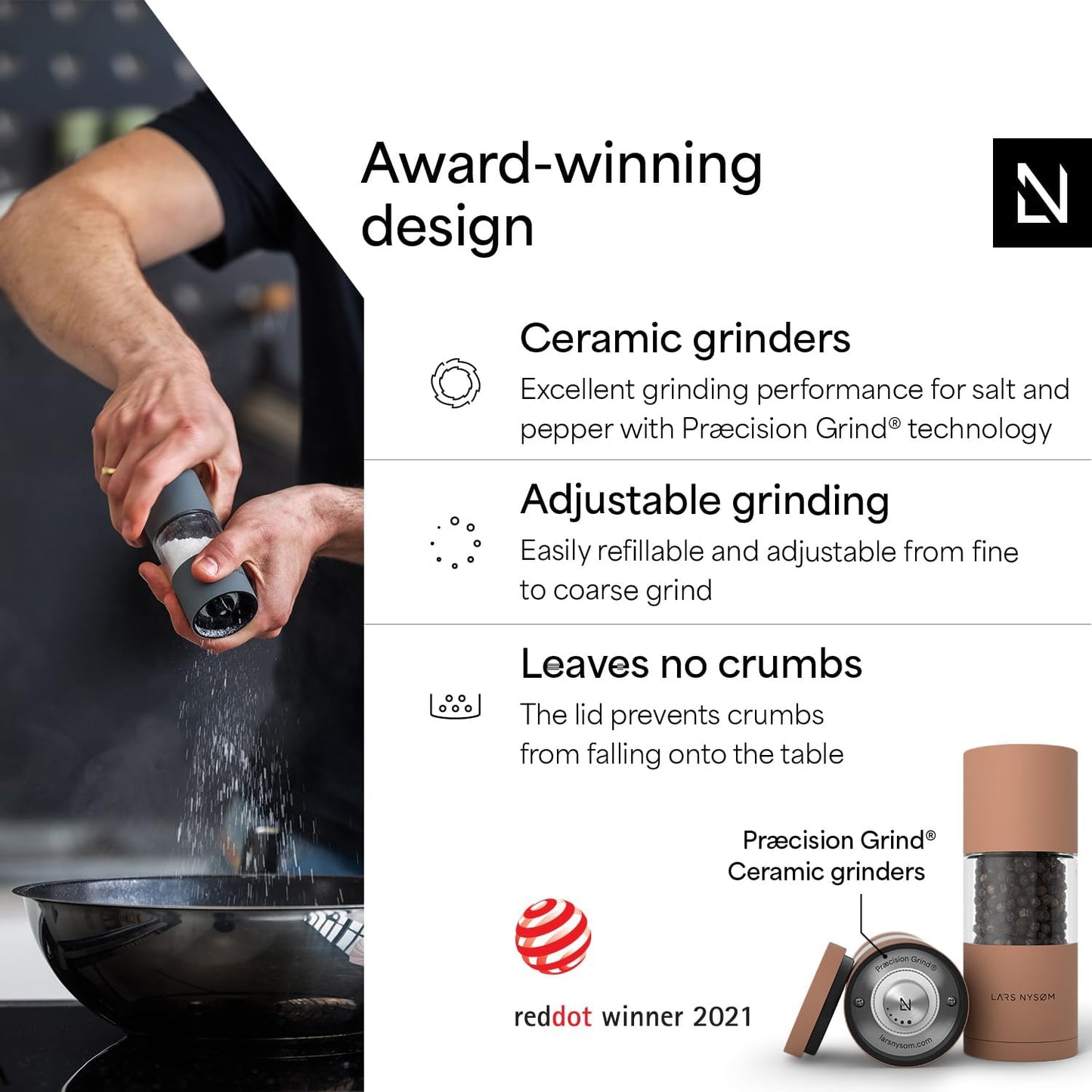 LARS NYSØM Salt and Pepper Grinder Set I Salt and Pepper Mills with Adjustable Ceramic Grinder 2 Pieces I Manual Design Spice Mill Set (Carbon Black)