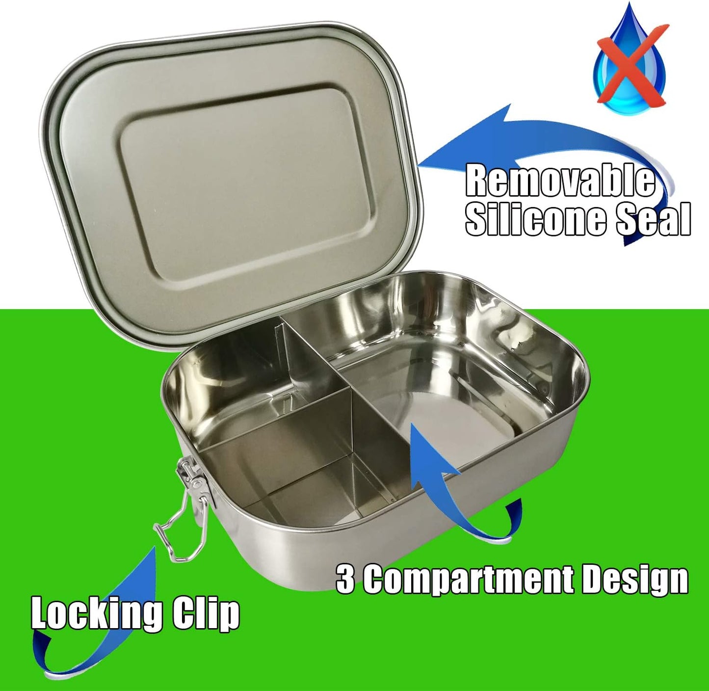 UPTRUST Leak Proof Stainless Steel Bento Lunch Container, (47OZ/1400ML) Metal Bento Lunch Box for Kids or Adults, 3 Compartment Packing Box for Work Lunch