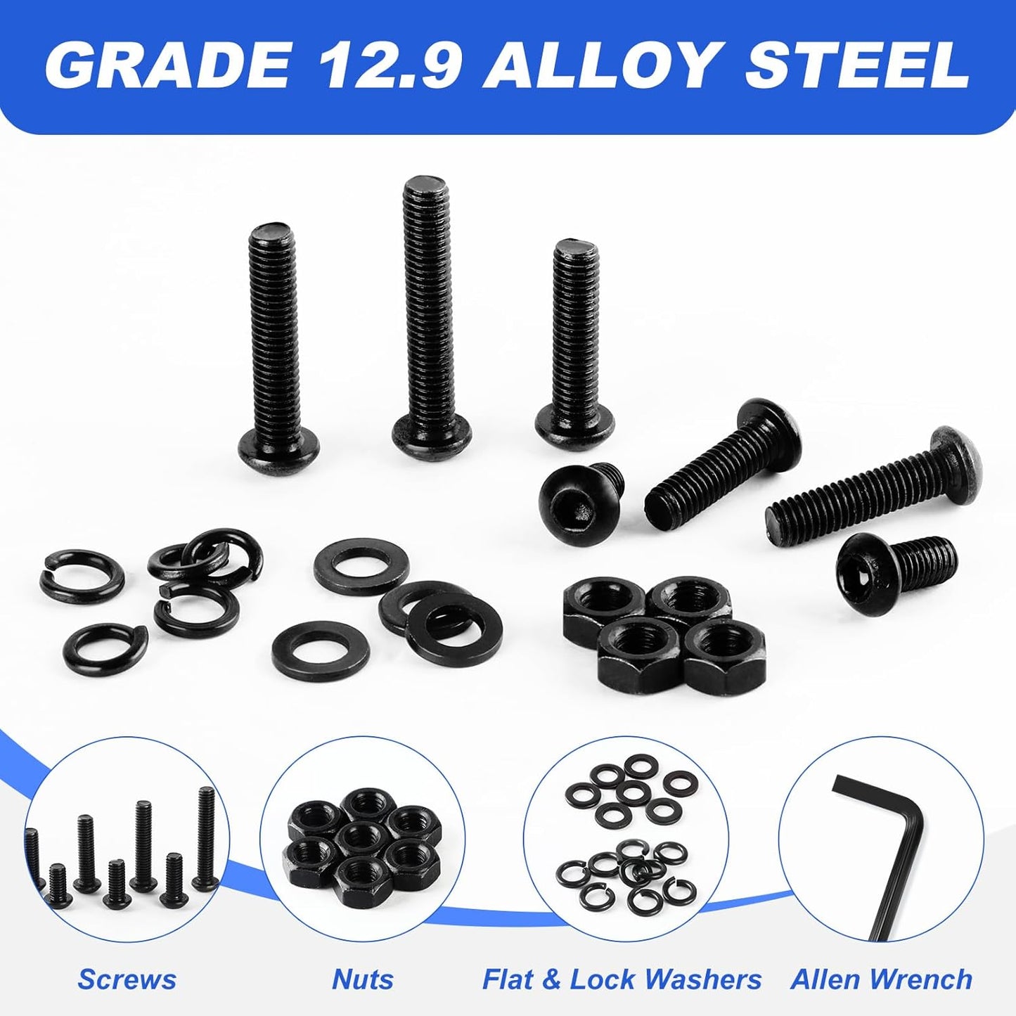 Besitu 280Pcs Metric Flange Bolt Assortment, M6x1.0, M8x1.25, M10x1.5 (12mm to 30mm) Assorted Hex Bolts and Nuts Washers Kit for Automotive, 10.9 Black Zinc Galvanized