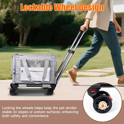 Pet Carrier Bag with Detachable Wheels for Cat or Small Dog, Grey | Travel Hand Portable Bag, Large, with Handle, Breathable Mesh, Ventilated, Airline approved, Collapsible, Locking Zipper
