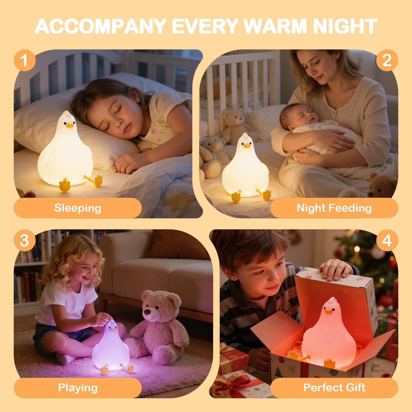 Auxmir Peepi Cute Chick Night Light for Kids, 2000mAh Rechargeable Silicone Baby Night Light with Touch Dimmable & RGB Colors, Portable LED Bedside Lamp with Timer for Nursery Bedroom, Ideal Gift