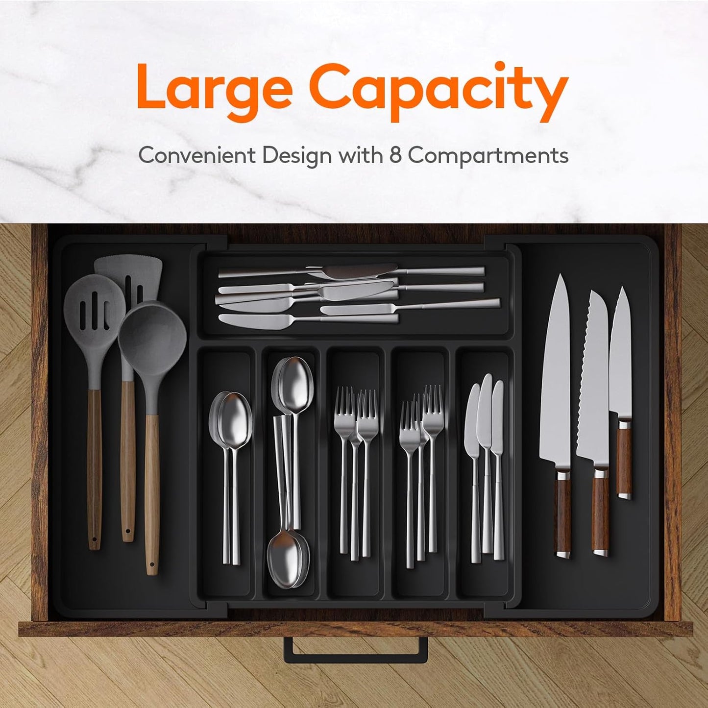 Lifewit Extra Large Cutlery Organizer – Expandable Adjustable Silverware Drawer Organizer with 8 Compartments for Forks, Spoons, Knives, and Kitchen Utensils, Black - PuriLite