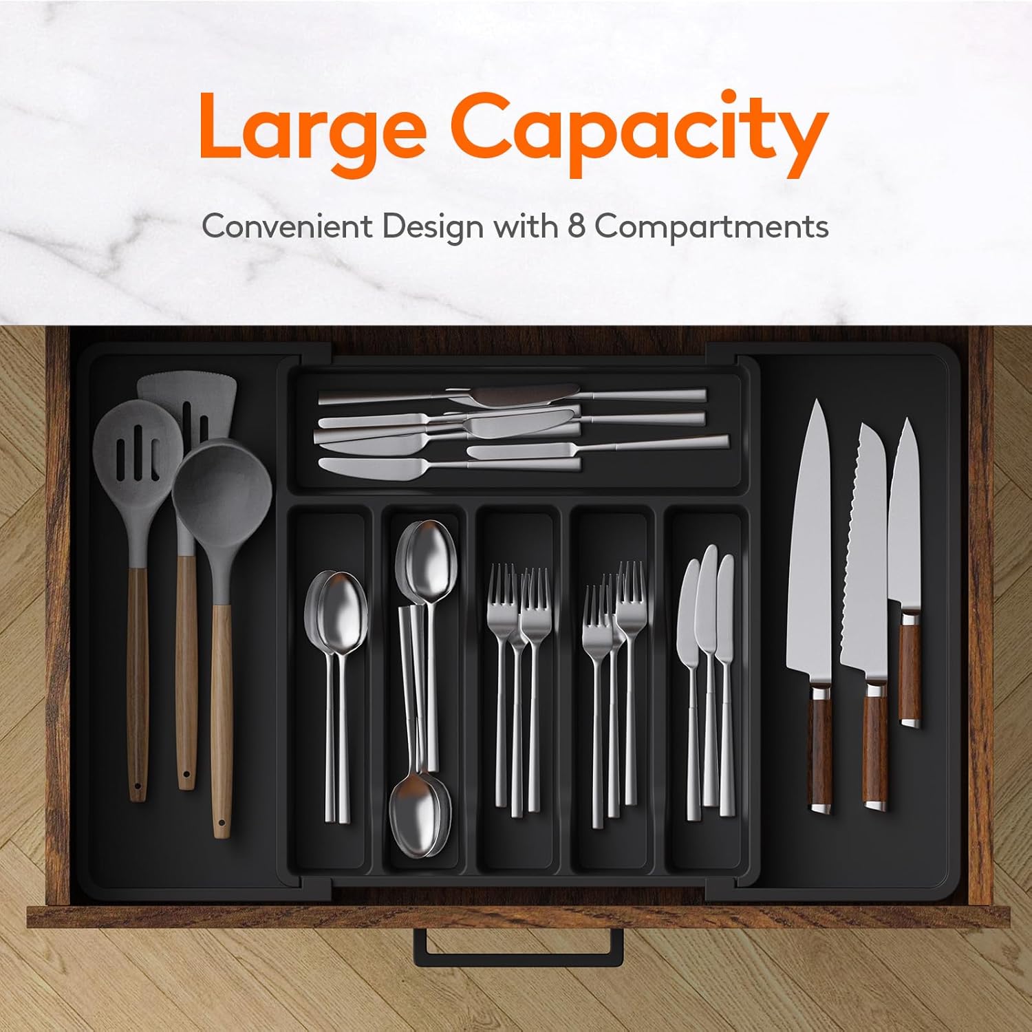 Lifewit Extra Large Cutlery Organizer – Expandable Adjustable Silverware Drawer Organizer with 8 Compartments for Forks, Spoons, Knives, and Kitchen Utensils, Black - PuriLite