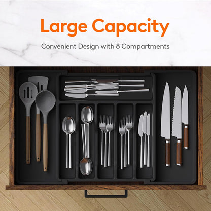 Lifewit Extra Large Cutlery Organizer – Expandable Adjustable Silverware Drawer Organizer with 8 Compartments for Forks, Spoons, Knives, and Kitchen Utensils, Black - PuriLite