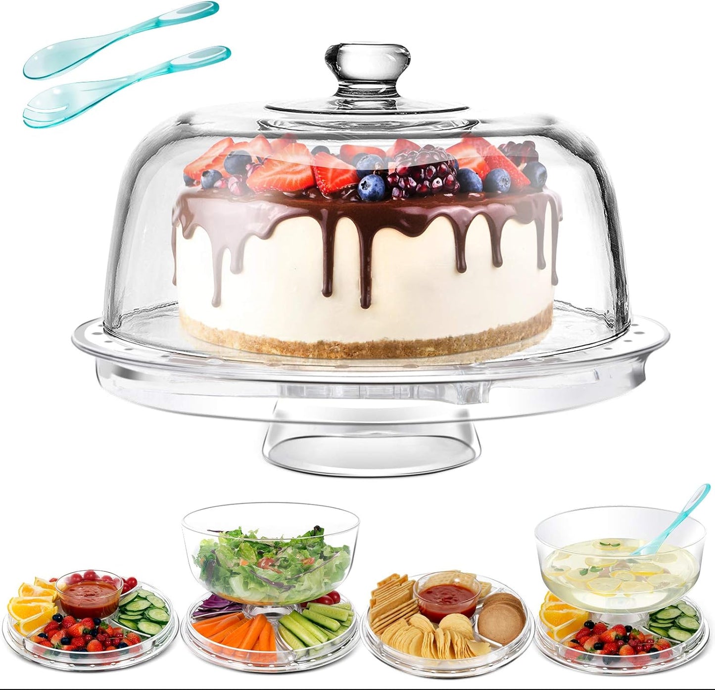 Cake Stand with Demo Cover, 6 in 1 Multi-Functional Serving Platter Display Stand for Christmas Wedding Party, Acrylic Cake Plate/Salad Bowl/Dessert Platter, BPA-Free, Send 1 Fork and 1 Spoon