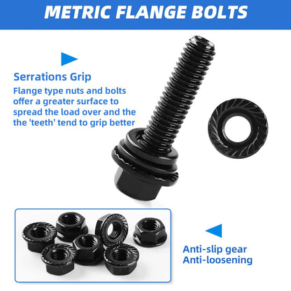 Besitu 280Pcs Metric Flange Bolt Assortment, M6x1.0, M8x1.25, M10x1.5 (12mm to 30mm) Assorted Hex Bolts and Nuts Washers Kit for Automotive, 10.9 Black Zinc Galvanized