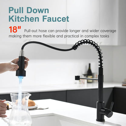 GIMILI Matte Black Kitchen Faucet with LED Light,Single Hole Spring Kitchen Sink Faucet with Pull Down Sprayer