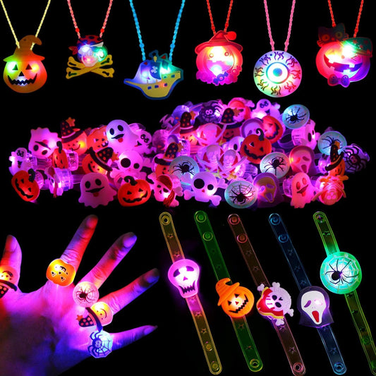 CCINEE Halloween Party Favors for Kids,48pcs Halloween Light Up Flash Rings Bracelet Necklace Glow in the Dark Toys for Kids Halloween Bag Filler Trick or Treat